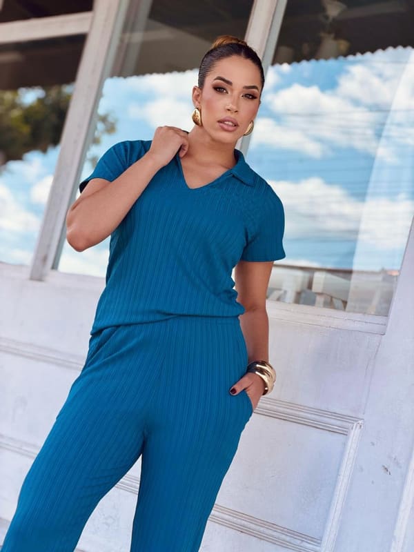 Conjunto Canelado Polo Azul Petróleo