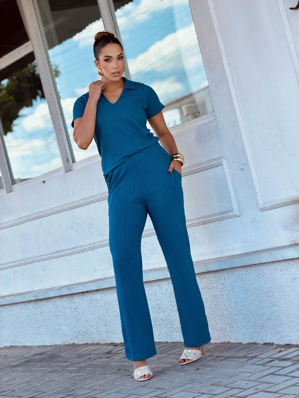 Conjunto Canelado Polo Azul Petróleo — foto 2