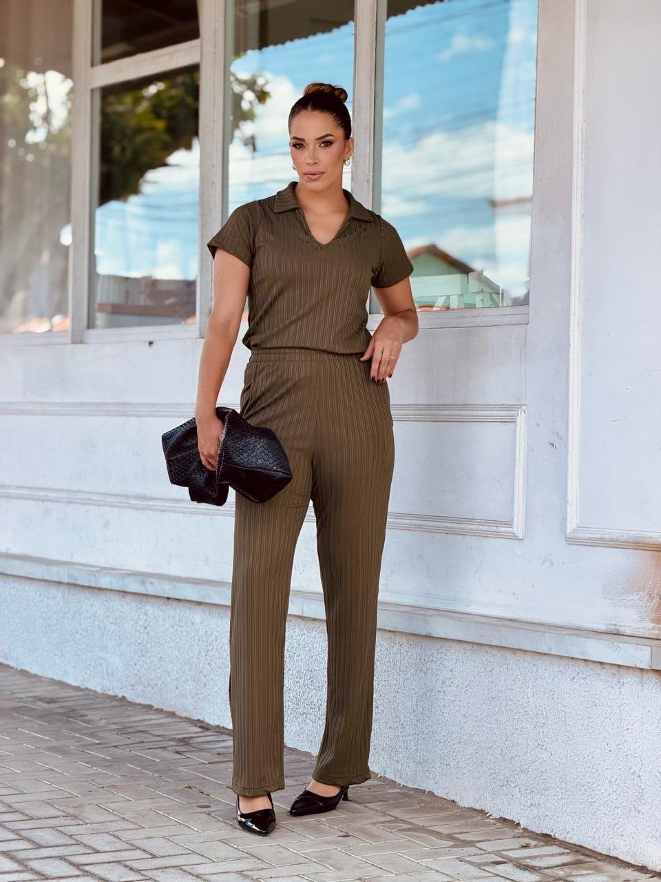 Conjunto Canelado Polo Verde Militar — Conjuntos de atacado