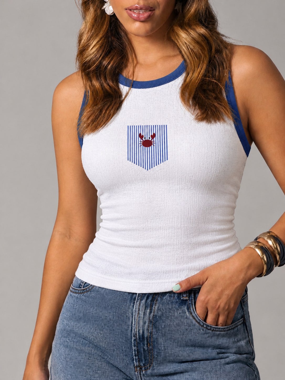Regata estampada Náutico bicolor branco com azul - REF. 085 — Regatas de atacado